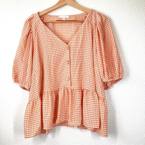 Lauren Conrad V Neck Cropped Ruffled Blouse XXL Orange Button Down Peplum Flowy - Picture 4 of 16